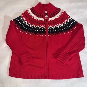 Vtg Covington Women’s Zip Front Fair Isle Sweater Red Black & White Sz 16/18W